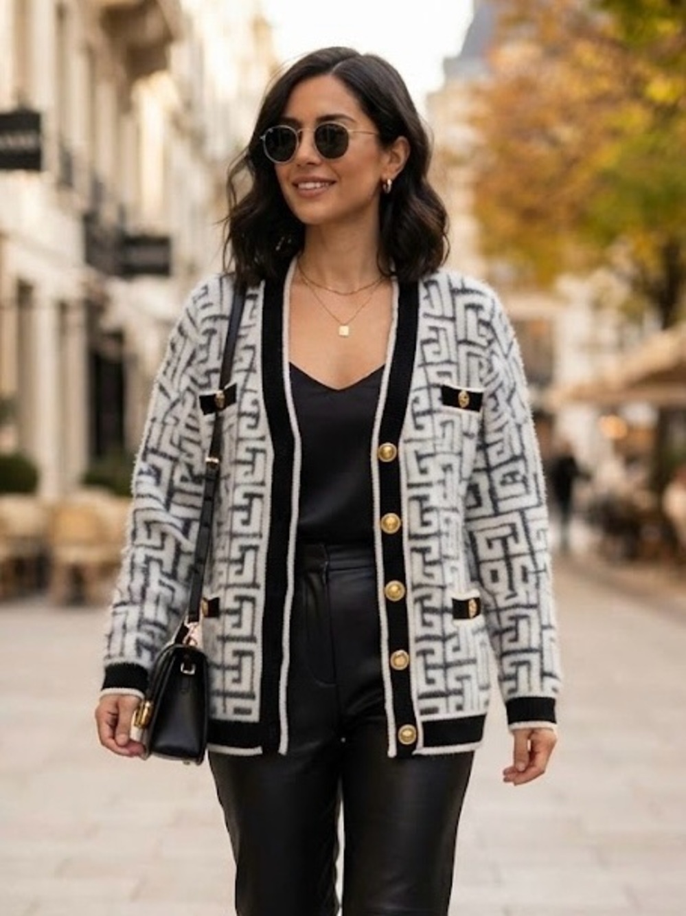 Alison Sheri Black White Geometric Cardigan Quite Luxury Mob Wife Parisian Chic